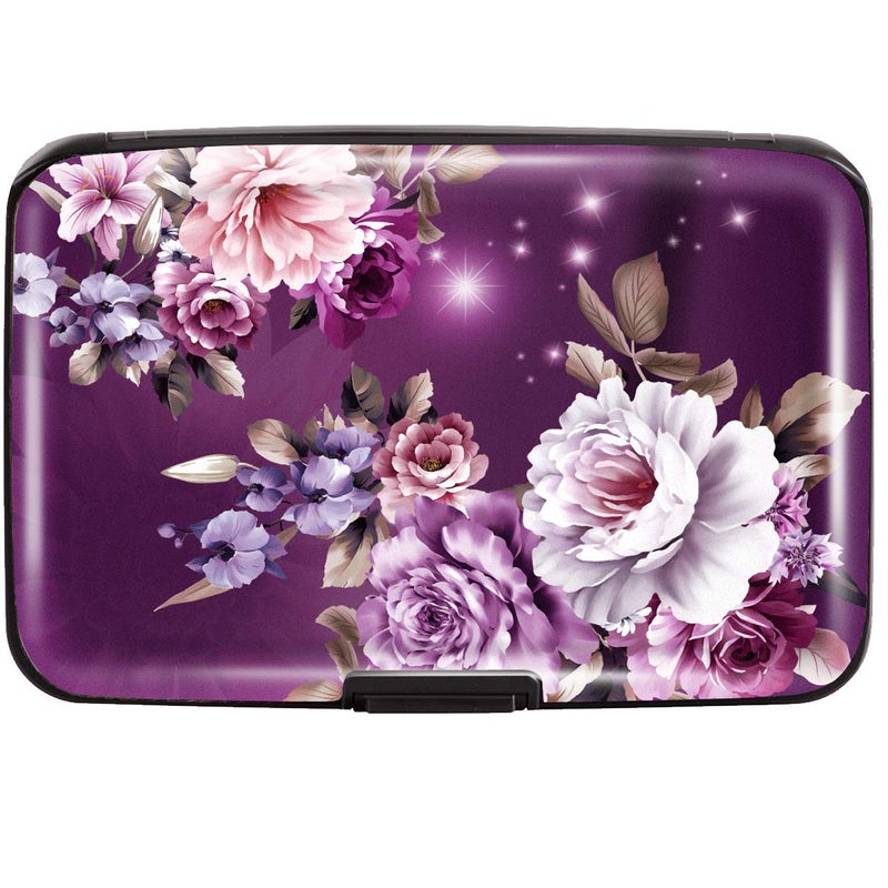 Coco Rossi Credit Card Holder for Women,RFID Blocking Slim Hard Mini Flowers Card Case ID Case Travel Wallet Purple - Image 1